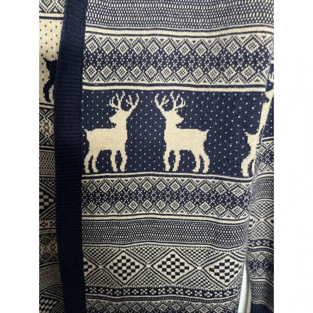 BASS USA S Navy Blue Beige DEER Knit Open Front LONG CARDIGAN Sweater FAIR ISLE